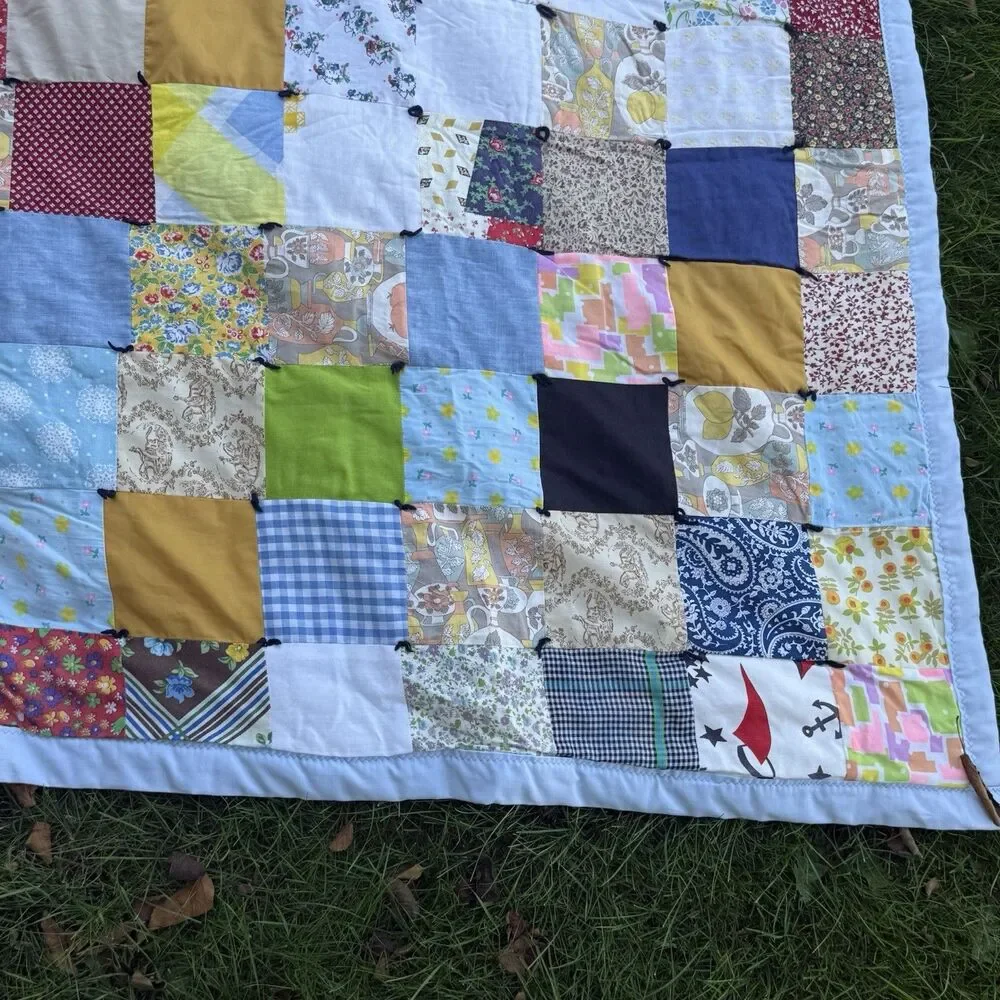 Vintage Handmade Patchwork Tied Quilt Blanket Multicolor 84x70 Throw Floral Blue